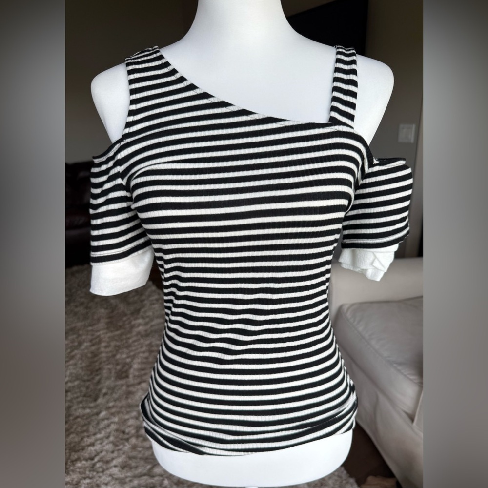 Froxx XS Black and White Striped Off the Shoulder Top With Cut Outs